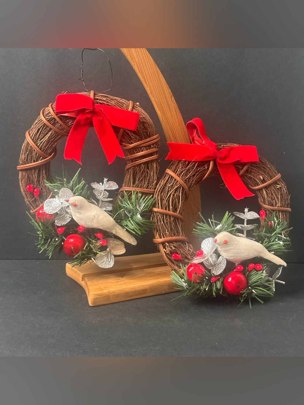 Set Of 2  Twig Wreath Christmas Decor Small White Birds Red Berries 6”